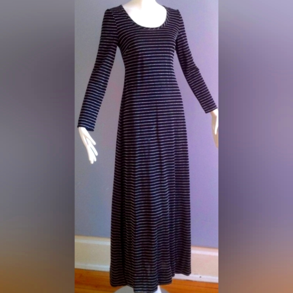 JOHN MARKS London by Anne Tyrrell black striped 70's long dress with side slits.